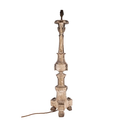 Lot 77 - An Italian painted wood and gesso candlestick converted to table lamp, 18th century