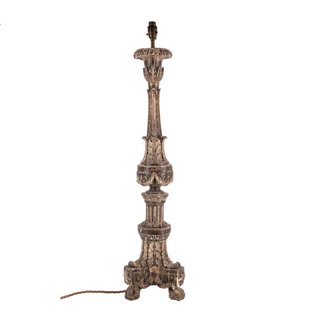 Lot 77 - An Italian painted wood and gesso candlestick converted to table lamp, 18th century