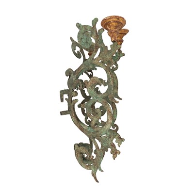 Lot 79 - A Pair of Continental wrought iron and giltwood three branch wall sconces, 18th / 19th century