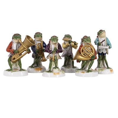 Lot 168 - A set of six Sitzendorf frog band figures, 20th century
