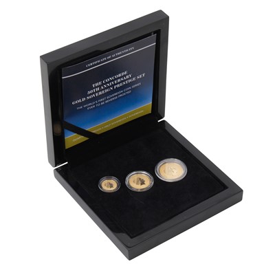 Lot 325 - GB gold coin proof set - three coin 22ct Hatton's Concorde 50 Anniversary Sovereign set