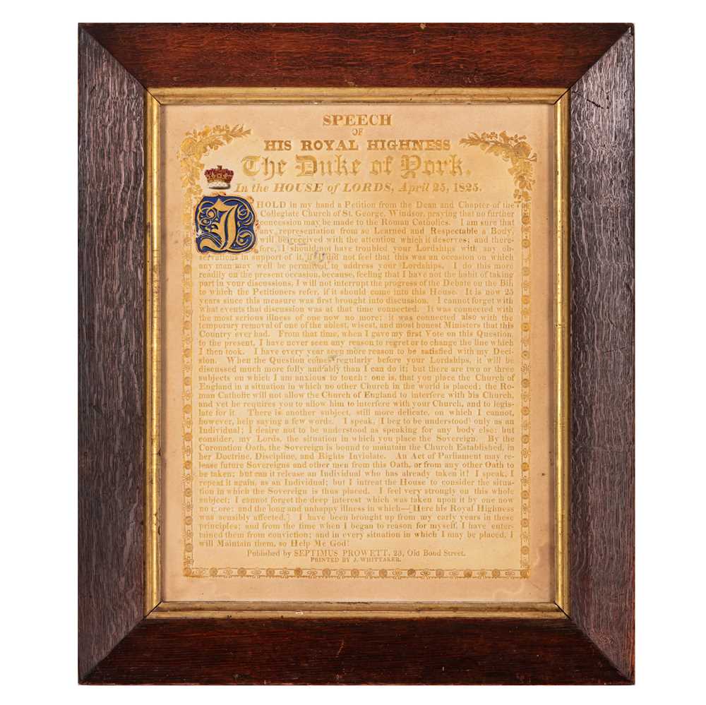 Lot 57 - Broadside: Speech of His Royal Highness the Duke of York in the House of Lords, April 25, 1825.