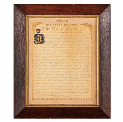 Lot 57 - Broadside: Speech of His Royal Highness the Duke of York in the House of Lords, April 25, 1825.
