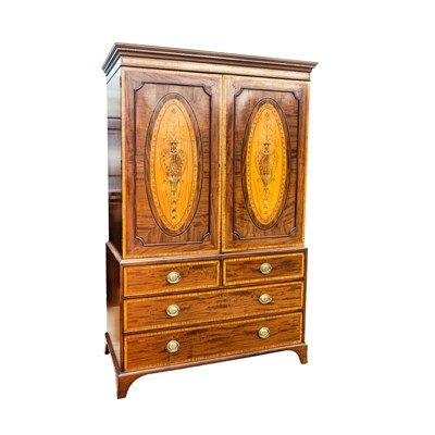 Lot 26 - A Sheraton Revival inlaid mahogany and satinwood linen press, circa 1900