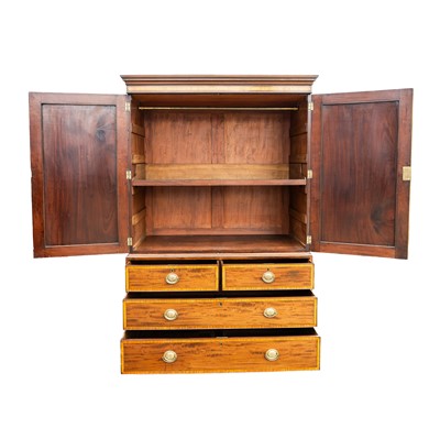 Lot 26 - A Sheraton Revival inlaid mahogany and satinwood linen press, circa 1900