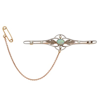 Lot 59 - An opal, seed pearl, and diamond brooch
