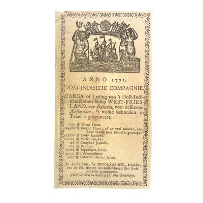 Lot 126 - Dutch East India Company: Printed bill of lading, returning ship West-Friesland from Batavia