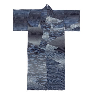 Lot 67 - A Japanese silk natural indigo Houmongi kimono by Akito Sato