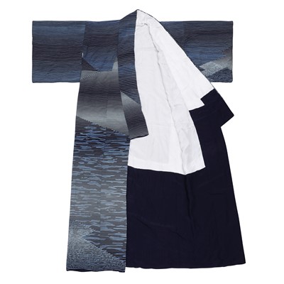 Lot 67 - A Japanese silk natural indigo Houmongi kimono by Akito Sato
