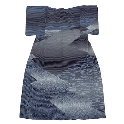 Lot 67 - A Japanese silk natural indigo Houmongi kimono by Akito Sato