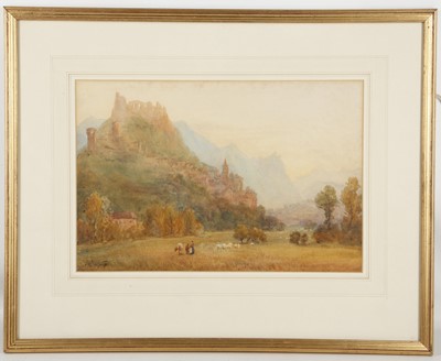 Lot 193 - A.W.R., a romantic landscape with hill town in...