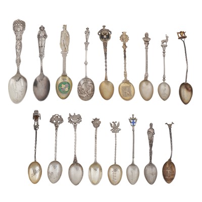Lot 456 - Seventeen sterling and 800 standard silver souvenir spoons