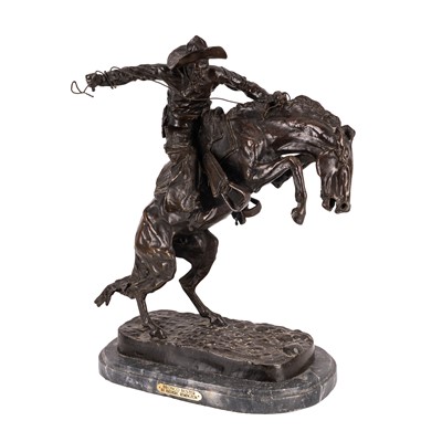 Lot 112 - After Frederic Remington (American, 1861-1909), bronze sculpture of 'The Bronco Buster