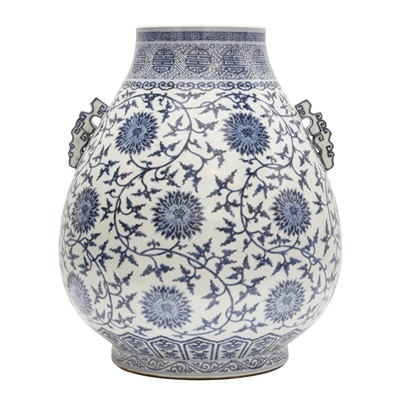Lot 350 - A Chinese blue and white 'lotus and shou-medallion' hu vase, 19th century