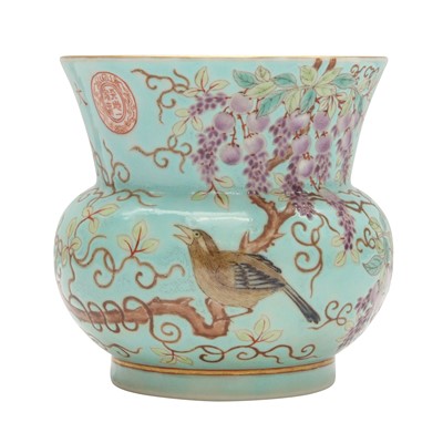 Lot 434 - A Chinese famille-rose turquoise-ground 'Dayazhai' spittoon, zhadou, Republic period