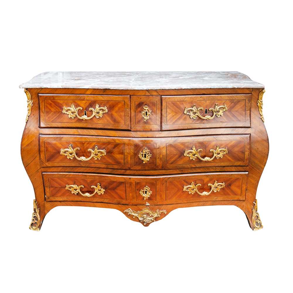 18 - A Louis XV marble topped crossbanded kingwood commode, circa 1770,