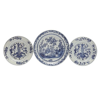 Lot 608 - Three Chinese blue and white dishes, Qing dynasty, 18th century