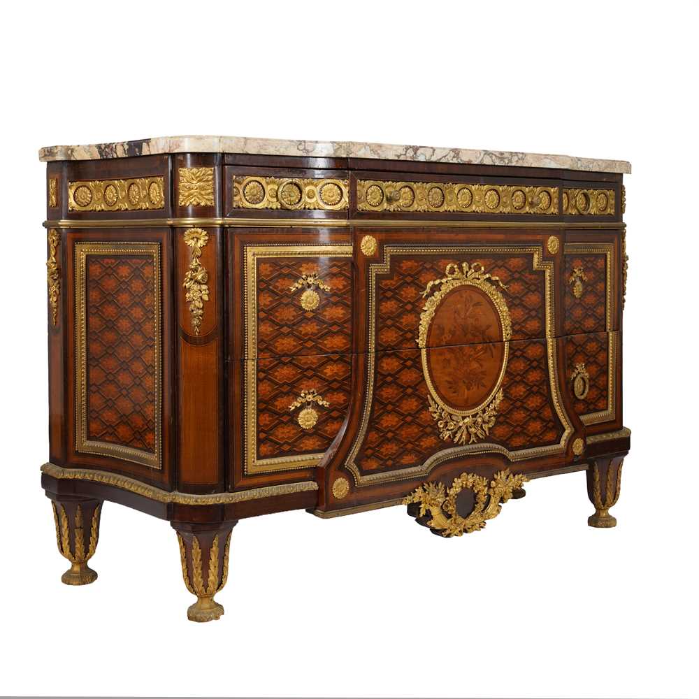 248 - A French Louis XVI style ormulu mounted marquetry inlaid breakfront commode