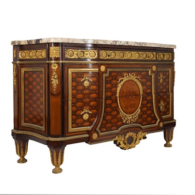 Lot 248 - A French Louis XVI style ormulu mounted marquetry inlaid breakfront commode