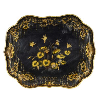 Lot 222 - An early Victorian black Japanned gilded and painted papier mache tea tray