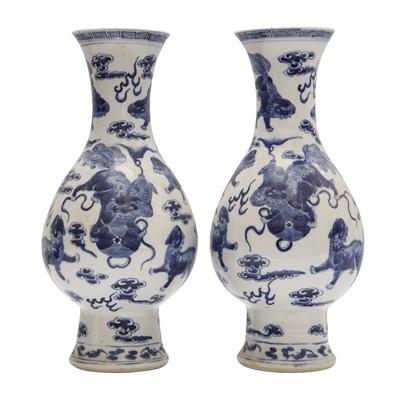 Lot 749 - A pair of Chinese blue and white 'Buddhist lion' vases, 20th century