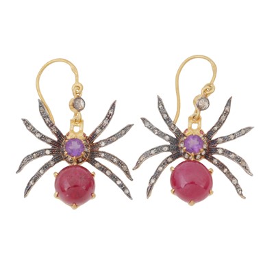 Lot 75 - A pair of ruby, amethyst, and diamond spider earrings