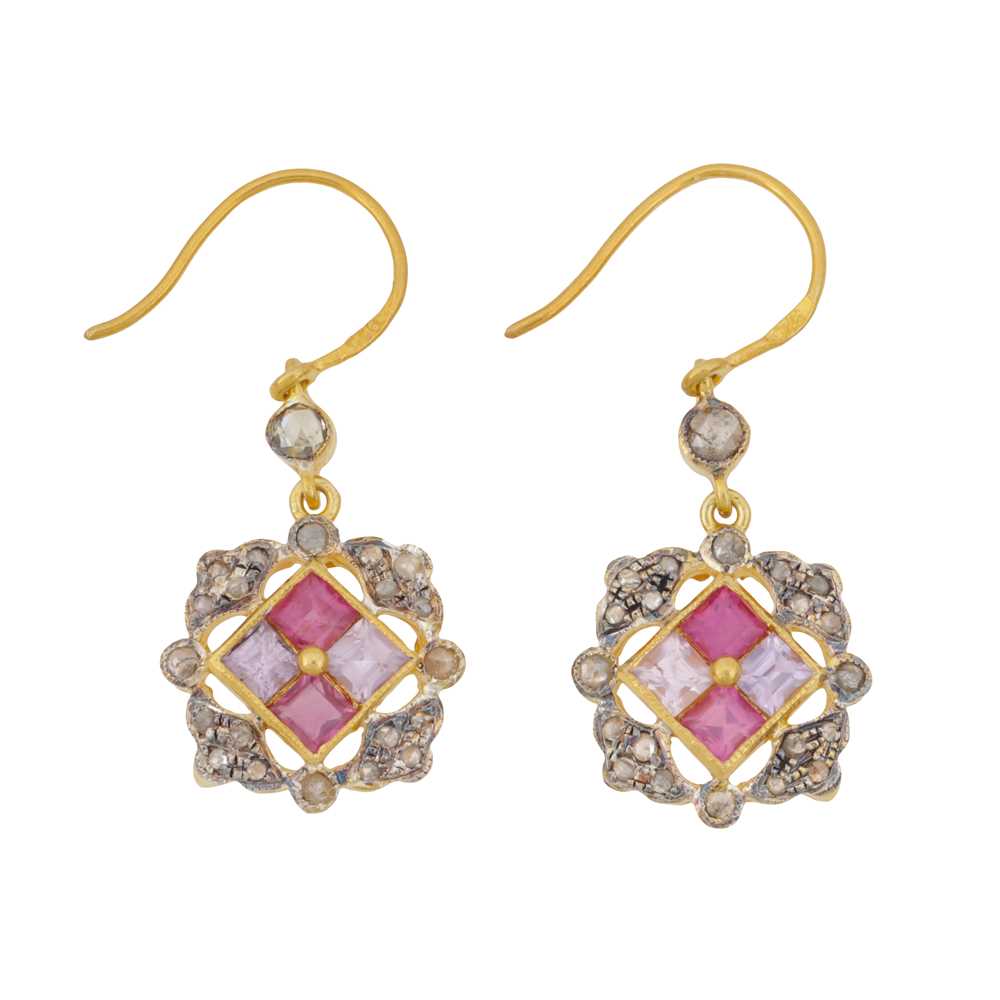 Lot 72 - A pair of pink sapphire and diamond pendant earrings