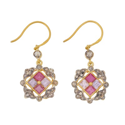 Lot 72 - A pair of pink sapphire and diamond pendant earrings