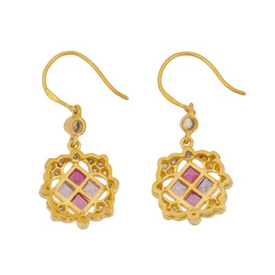 Lot 72 - A pair of pink sapphire and diamond pendant earrings
