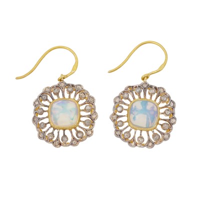 Lot 73 - A pair of opal and diamond pendant earrings