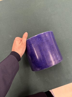 Lot 300 - A rare Chinese powder-blue gilt-decorated brush pot, Qing dynasty, Kangxi period