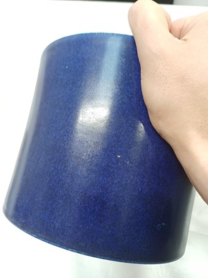 Lot 300 - A rare Chinese powder-blue gilt-decorated brush pot, Qing dynasty, Kangxi period