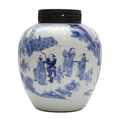 Lot 304 - A Chinese blue and white 'figural' jar, Qing dynasty, Kangxi period