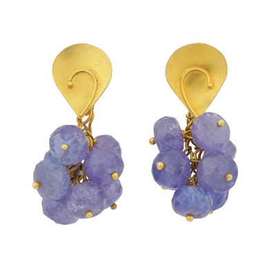 Lot 80 - A pair of tanzanite pendant earrings, circa 1984