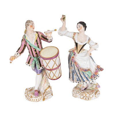 Lot 184 - A pair of Meissen porcelain figures of a dancer and a drummer