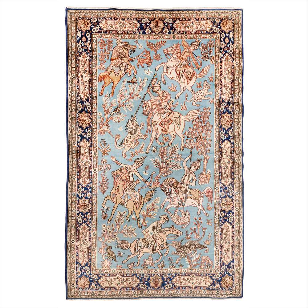 Lot 81 - A fine part silk Qum rug with hunting design, central Persia