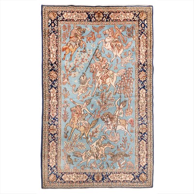 Lot 81 - A fine part silk Qum rug with hunting design, central Persia