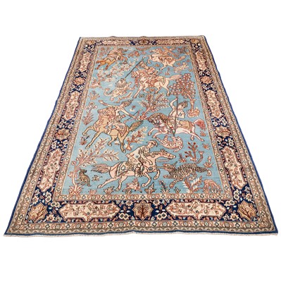Lot 81 - A fine part silk Qum rug with hunting design, central Persia