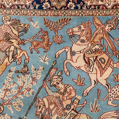 Lot 81 - A fine part silk Qum rug with hunting design, central Persia