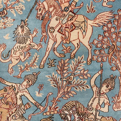 Lot 81 - A fine part silk Qum rug with hunting design, central Persia