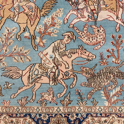 Lot 81 - A fine part silk Qum rug with hunting design, central Persia