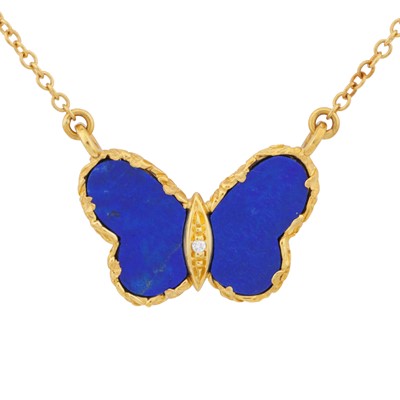 Lot 45 - A blue enamel and diamond butterfly pendant necklace