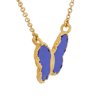 Lot 45 - A blue enamel and diamond butterfly pendant necklace