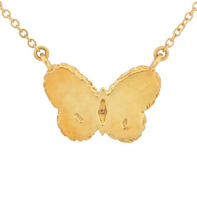 Lot 45 - A blue enamel and diamond butterfly pendant necklace