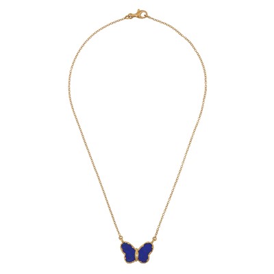 Lot 45 - A blue enamel and diamond butterfly pendant necklace
