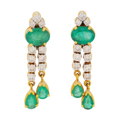 Lot 238 - A pair of emerald and diamond pendant earrings