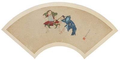 Lot 104 - A Japanese fan 'kyogen play' painting, Edo period, signed Tosho