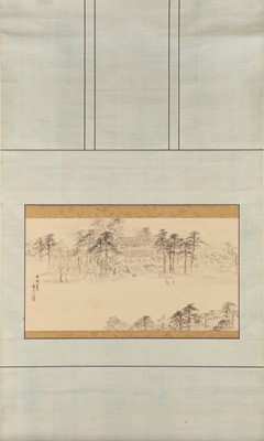 Lot 101 - A Japanese 'Temple Garden' scroll painting, signed Yamamoto Bai’itsu 山本梅逸 (Japanese, 1783–1856)