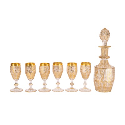 Lot 164 - A Bohemian gilt glass liqueur decanter and six glasses, for the Ottoman market, 1820s