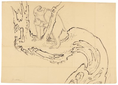 Lot 106 - A Japanese ink on paper painting of a monkey, Edo - Meiji period